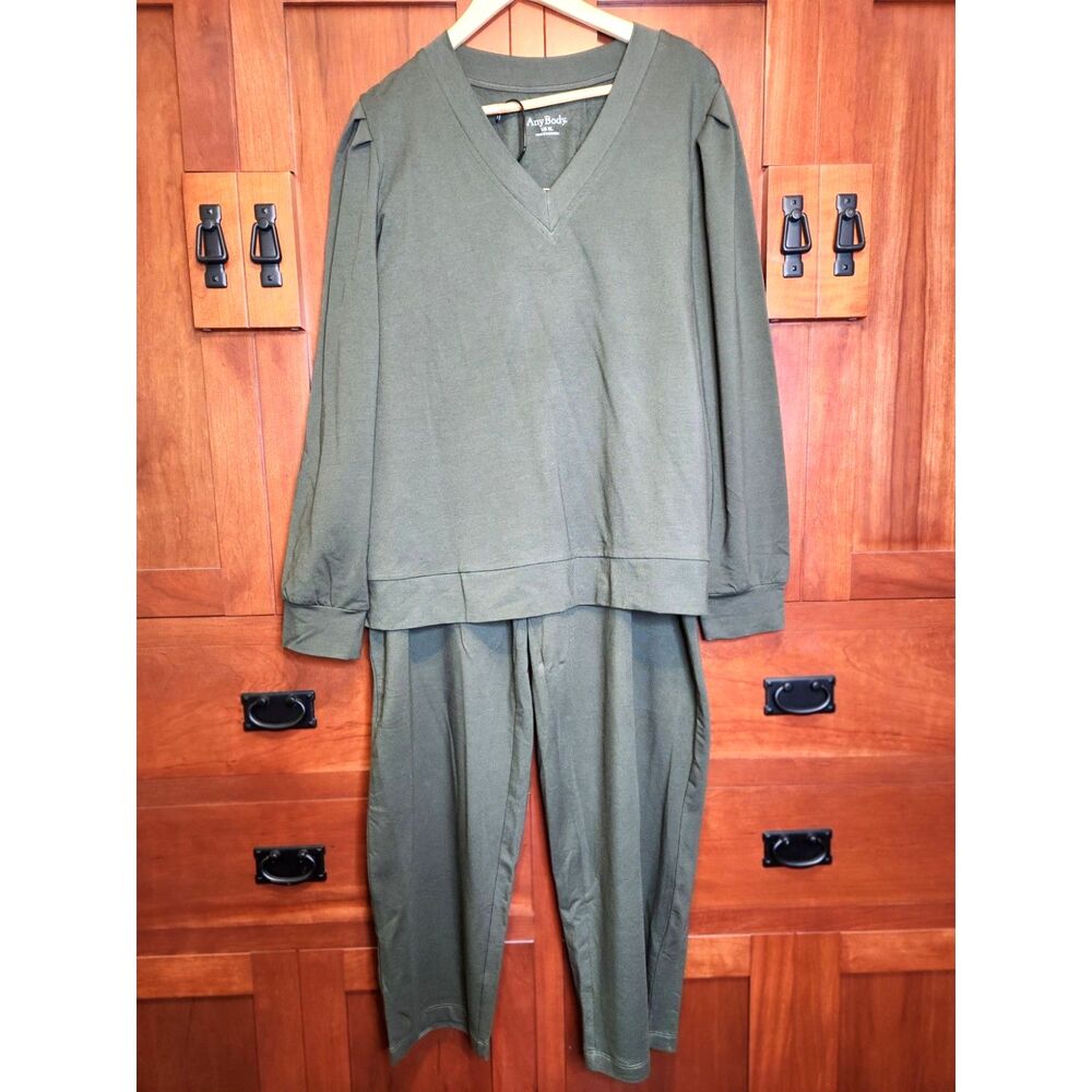 Anybody Olive Green 2-piece Lounge Set Long Pleated Sleeves Women's Size XL